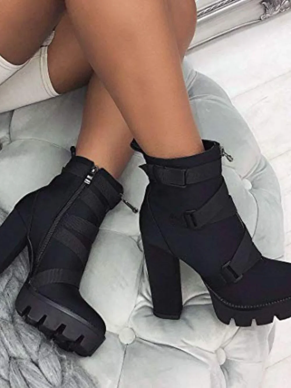 Fashion Platform Block High Heel Booties Buckle Strap Zipper Ankle Boots